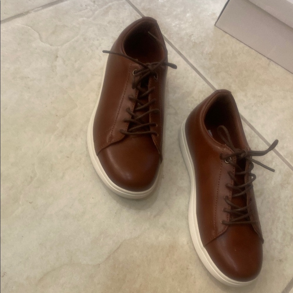 Brown Leather Low-Top Sneakers with White Soles; never worn